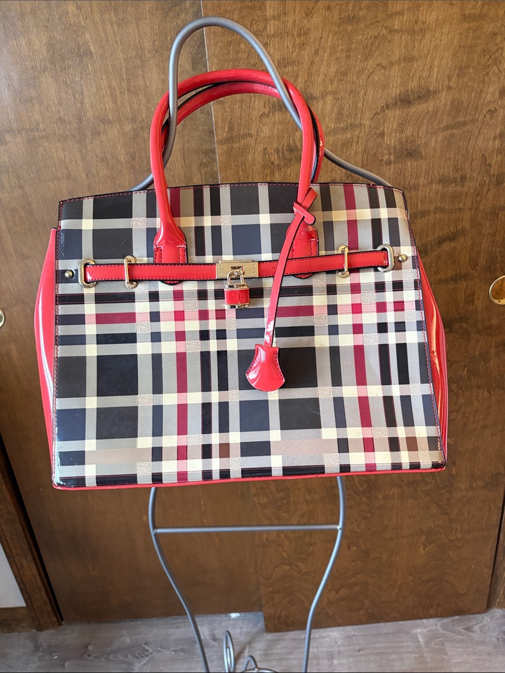 Plaid Tote Handbag with Red Trim in Patent Leather